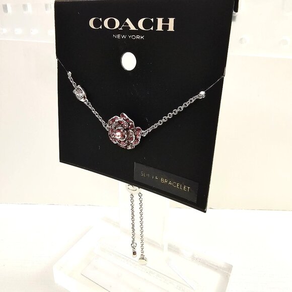 Coach Silver Rose Slider Bracelet‎ With Pink Crystal & Pearl Embellishments NWT - Picture 5 of 8
